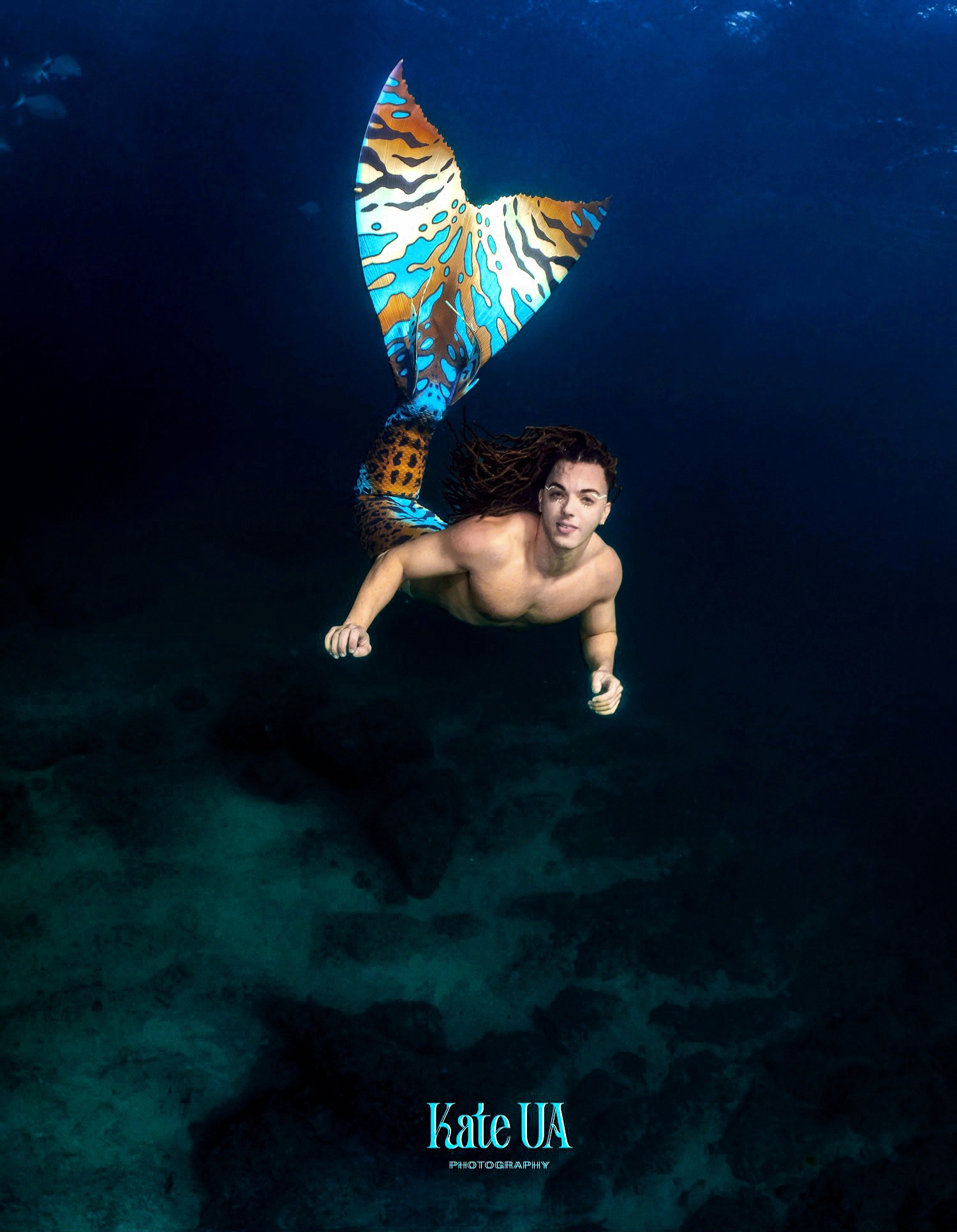 Prince Pōhaku swimming up from the reef, orange and blue tail fin raised high behind him